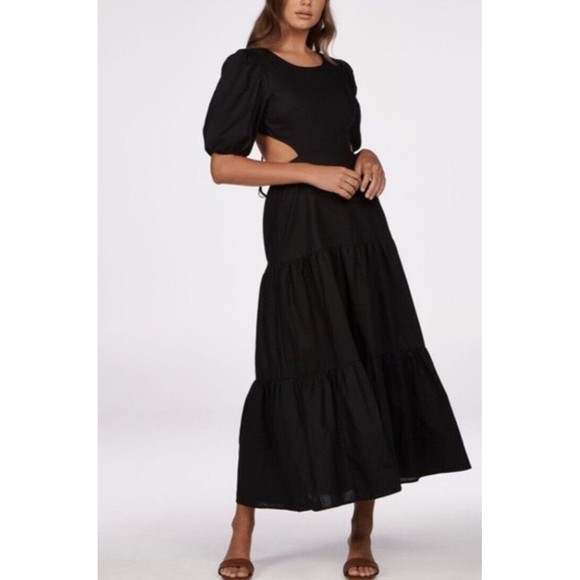 Anthropologie Charlie Holiday Women Paige Tier Linen Black Maxi Dress Sz 8 New